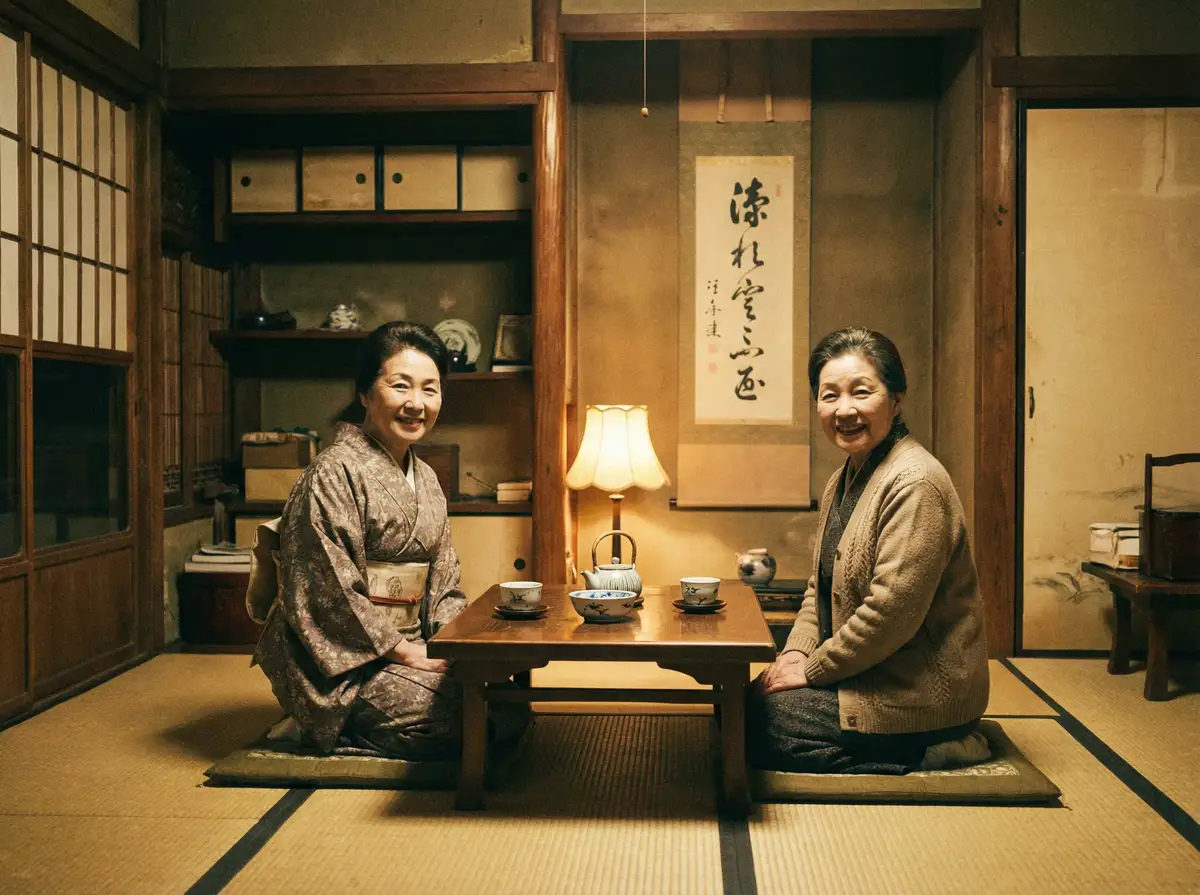 两位优雅的 蛙漫 在日式茶室中品茶交谈